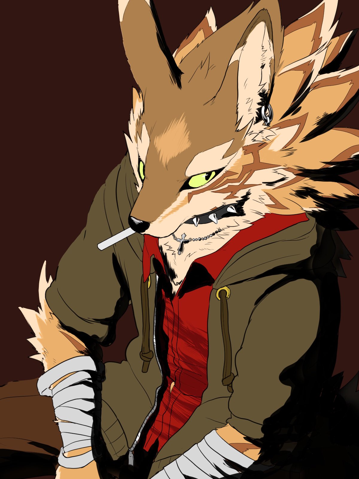 black_sclerae canid canine canis clothing collar ear_piercing ear_ring green_eyes hi_res hoodie jackal jewelry male mammal necklace nnnnnnet piercing seth_(tas) sitting spiked_collar spikes tokyo_afterschool_summoners topwear video_games