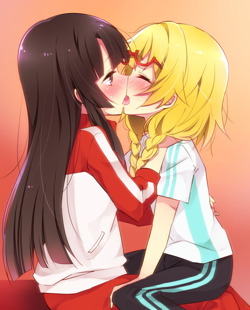 2girls bangs black_hair blonde_hair blunt_bangs blunt_ends blush braid closed_eyes commentary_request eyebrows_visible_through_hair french_kiss full-face_blush glasses gradient gradient_background hand_on_another's_hip hand_on_another's_shoulder hasegawa_mii highres hime_cut ichikishima_mizuha jacket kiss long_hair multiple_girls pants purple_eyes re:stage! red-framed_eyewear semi-rimless_eyewear shirt sitting sitting_on_lap sitting_on_person sk02 t-shirt track_jacket track_pants track_suit twin_braids under-rim_eyewear yuri