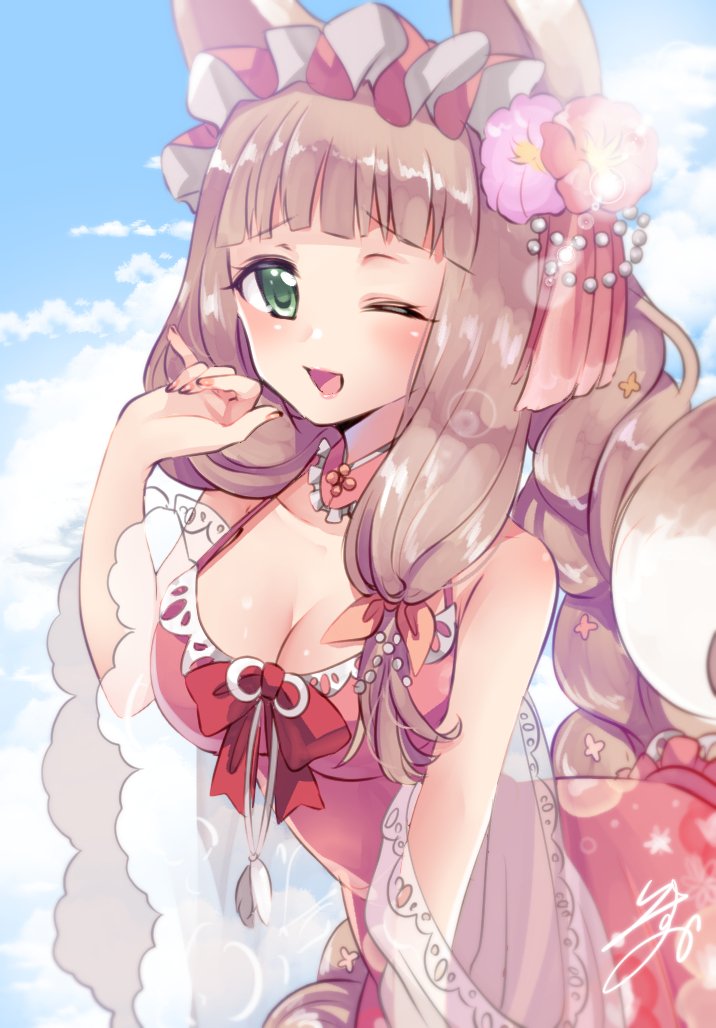 alternate_hairstyle animal_ears braid breasts brown_hair cleavage collarbone commentary_request dog_ears fingernails flower frills green_eyes hair_flower hair_ornament hime_cut himemiya_maho isuka long_hair medium_breasts one_eye_closed open_mouth princess_connect! princess_connect!_re:dive signature sky swimsuit twin_braids