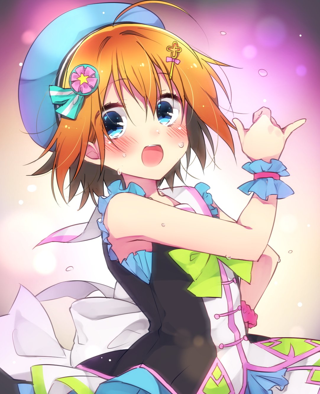 1girl :d ahoge beret blue_eyes blush bow close-up commentary_request dancing dress eyebrows_visible_through_hair eyes_visible_through_hair hair_between_eyes hair_ornament hairclip hand_on_hip hat highres idol looking_at_viewer open_mouth orange_hair re:stage! round_teeth scrunchie shikimiya_mana short_hair sk02 sleeveless sleeveless_dress smile solo sweat teeth upper_body upper_teeth wrist_cuffs wrist_scrunchie