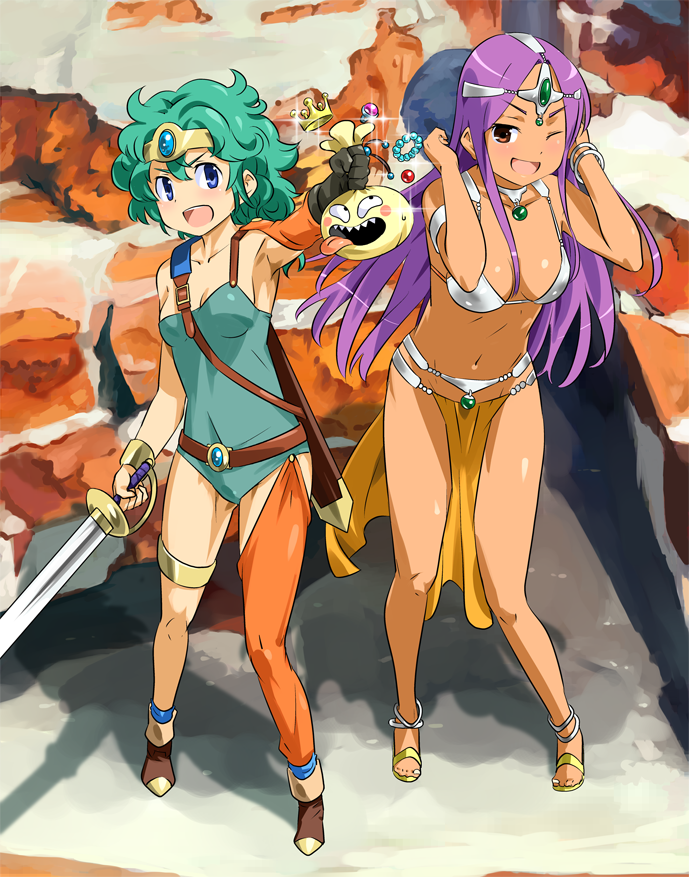 1girl anklet armlet armor bikini_armor bikini_top blue_eyes bracelet breasts circlet cleavage commentary_request curly_hair dancer dancer's_costume_(dq) dark_skin dragon_quest dragon_quest_iv gloves green_hair heroine_(dq4) imaichi jewelry leotard loincloth long_hair looking_at_viewer manya minea monster open_mouth purple_hair short_hair smile solo sword thighlet weapon