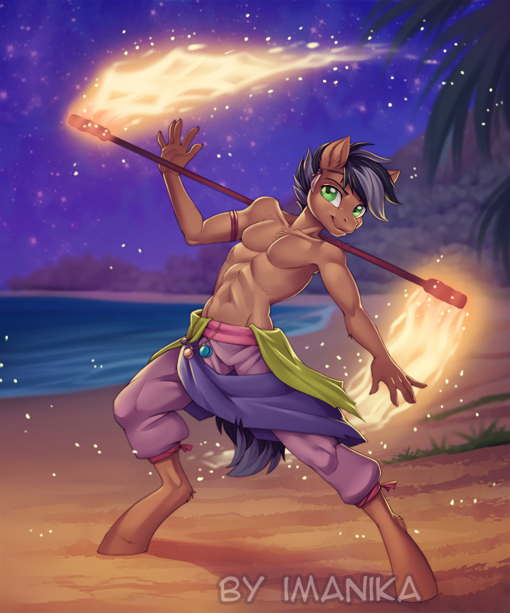 2019 5_fingers anthro beach black_hair clothed clothing detailed_background digital_media_(artwork) equid equine fan_character fingers fire green_eyes hair hooves imanika male mammal my_little_pony night outside sand seaside shoreline sky solo star starry_sky topless water watermark