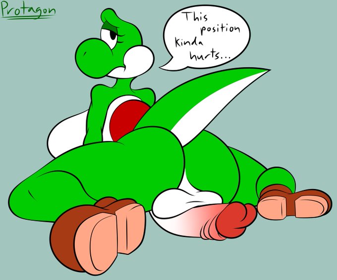 anthro balls big_penis breasts butt concerned dialogue english_text erection green_body green_yoshi gynomorph humanoid_penis intersex looking_at_viewer looking_back lying mario_bros nintendo penis presenting presenting_hindquarters protagon reptile scalie simple_background solo text thick_thighs video_games wide_hips yoshi