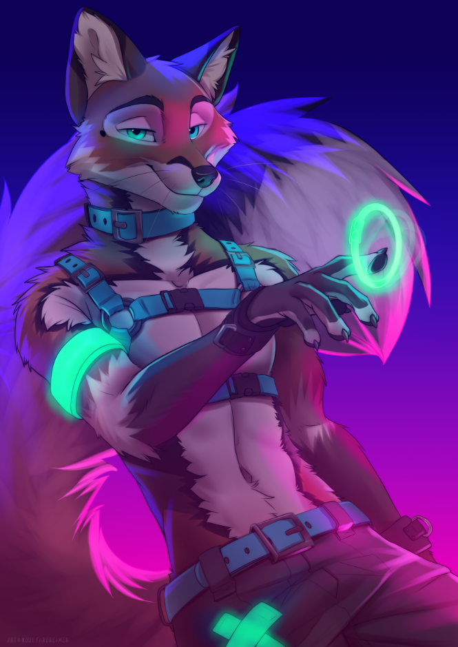 2019 5_fingers anthro black_nose blue_collar blue_eyes canid canine clothed clothing collar digital_media_(artwork) fingers fox gradient_background harness koul male mammal simple_background solo