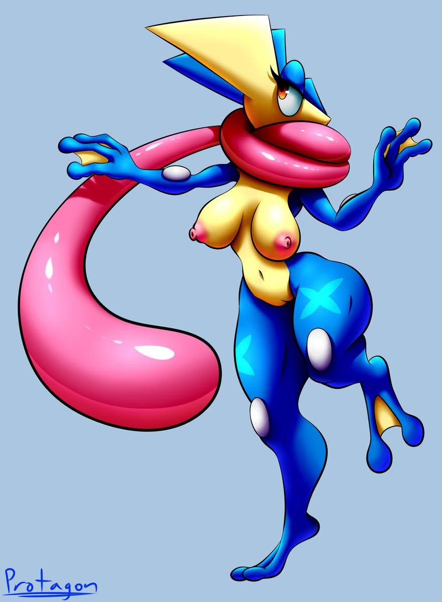 amphibian anthro big_butt blue_skin breasts butt eyelashes female greninja hi_res long_tongue membrane_(anatomy) nintendo nipples nude pok&eacute;mon pok&eacute;mon_(species) protagon pussy red_eyes signature solo standing tongue tongue_out video_games webbed_feet