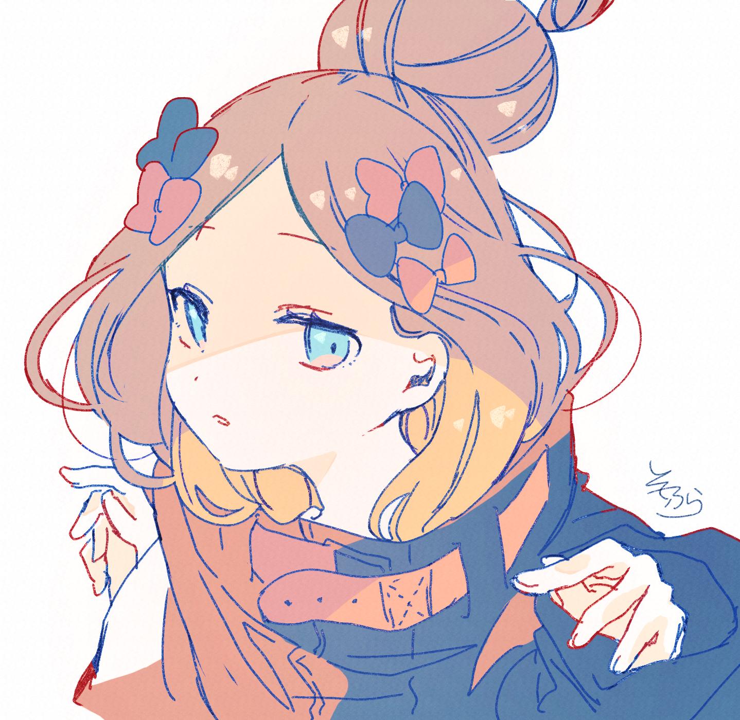 1girl abigail_williams_(fate/grand_order) bangs black_bow black_jacket blue_eyes bow brown_hair fate/grand_order fate_(series) fingernails forehead hair_bow hair_bun hands_up heroic_spirit_traveling_outfit highres jacket long_hair long_sleeves looking_at_viewer orange_bow parted_bangs parted_lips signature simple_background sleeves_past_wrists sofra solo upper_body white_background
