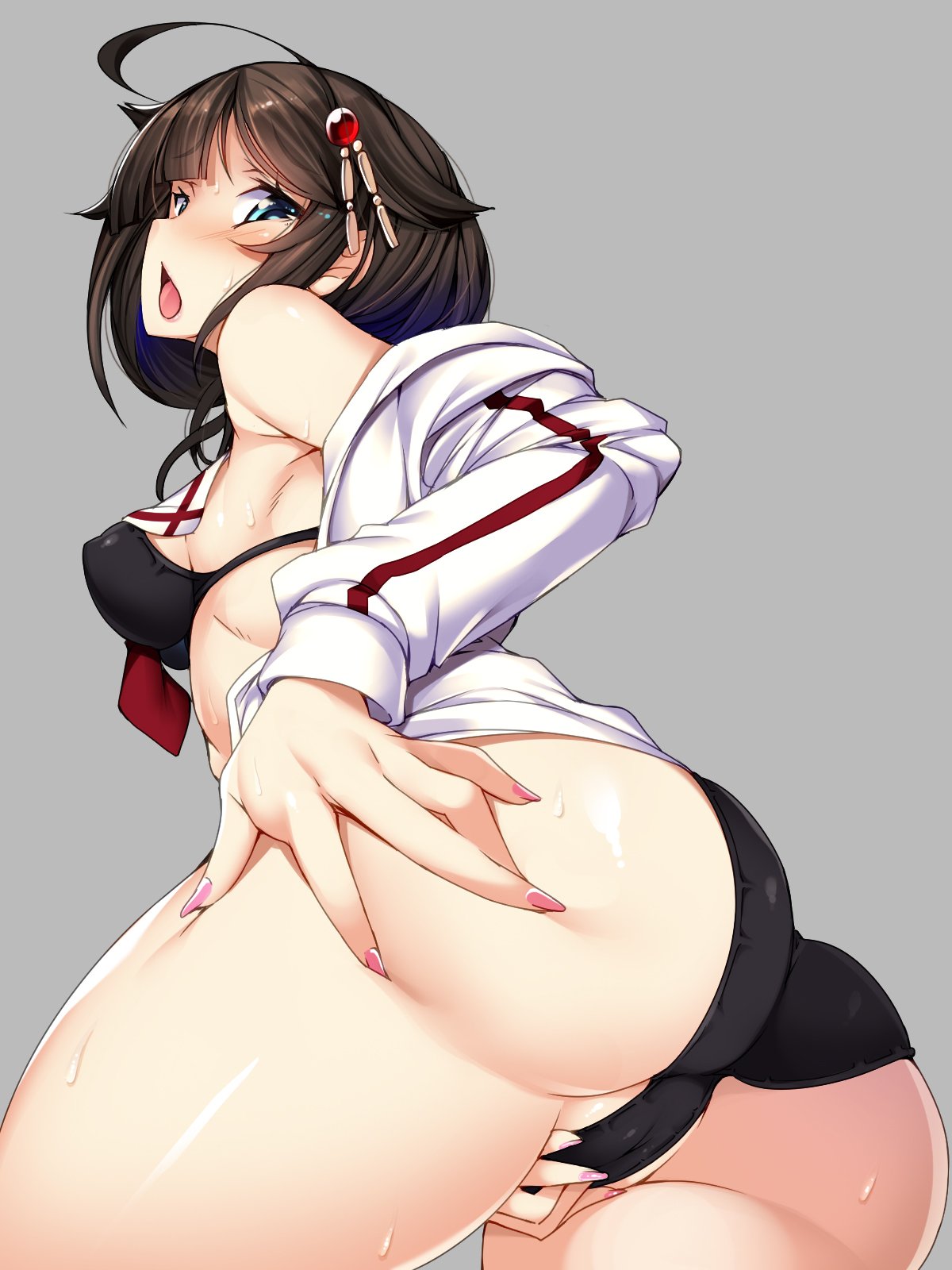 ahoge ass bikini black_bikini black_hair blue_eyes blush breasts cameltoe commentary_request covered_nipples crotch fingernails grey_background hair_ornament hand_on_own_ass highres jacket jacket_over_swimsuit kantai_collection looking_at_viewer looking_back medium_breasts open_mouth partially_visible_vulva red_ribbon red_stripes ribbon shigure_(kantai_collection) sideboob simple_background sweat swimsuit swimwear torisan white_jacket