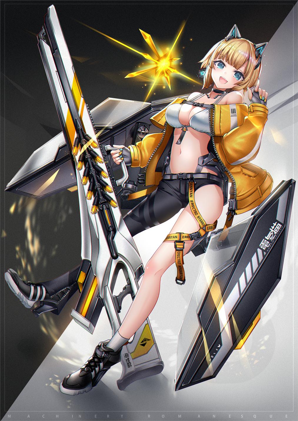 1girl :d animal_ears asymmetrical_clothes bare_legs bare_shoulders belt bikini_top black_choker black_gloves black_pants blonde_hair blue_eyes breasts choker cleavage commentary fake_animal_ears fingerless_gloves full_body gloves gun high_heels highres holding holding_gun holding_weapon huge_weapon index_finger_raised jacket large_breasts long_legs long_sleeves looking_at_viewer nail_polish navel off_shoulder open_clothes open_jacket open_mouth original pants shoes short_hair single_pantsleg smile sneakers socks solo stomach t-track thighs weapon white_bikini_top white_legwear yellow_jacket