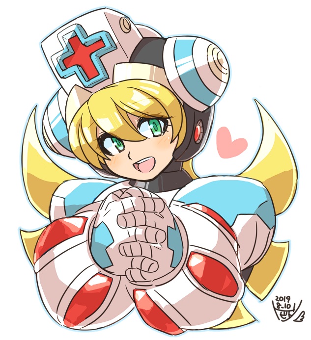 1girl android blonde_hair blue_eyes blush capcom cinnamon green_eyes hair_between_eyes hands_clasped hat headgear heart helmet long_hair nurse nurse_cap own_hands_together robot rockman rockman_x rockman_x_command_mission signature simple_background smile solo tobitori white_background x_(rockman)