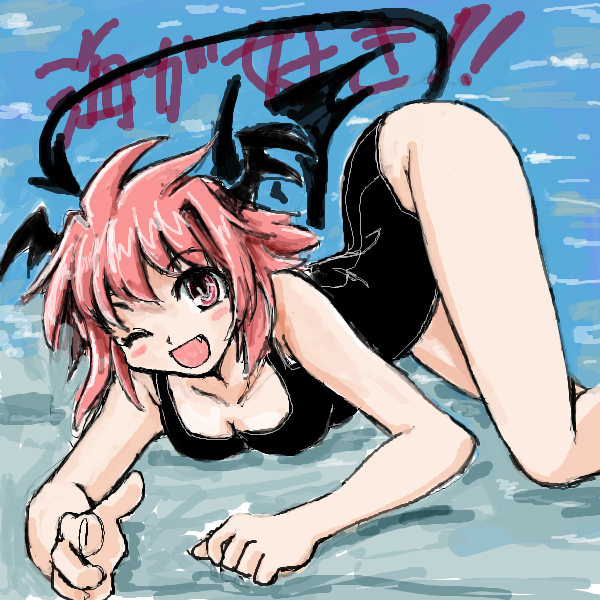 1girl :d bare_legs black_swimsuit blush_stickers breasts cleavage commentary_request demon_tail demon_wings eyebrows_visible_through_hair feet_out_of_frame head_wings koakuma legs looking_at_viewer medium_breasts messy_hair nanashii_(soregasisan) one-piece_swimsuit one_eye_closed open_mouth pointing pointing_at_viewer pool poolside red_eyes red_hair short_hair smile solo swimsuit tail touhou translation_request water wings