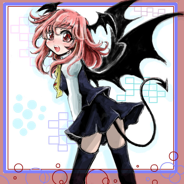 1girl black_legwear black_skirt black_vest blush border commentary_request demon_tail demon_wings dress eyebrows_visible_through_hair feet_out_of_frame head_wings koakuma long_sleeves looking_at_viewer looking_to_the_side medium_hair nanashii_(soregasisan) open_mouth puffy_long_sleeves puffy_sleeves red_eyes red_hair shirt simple_background skirt smile solo tail thighhighs touhou upper_teeth vest white_shirt wings yellow_neckwear