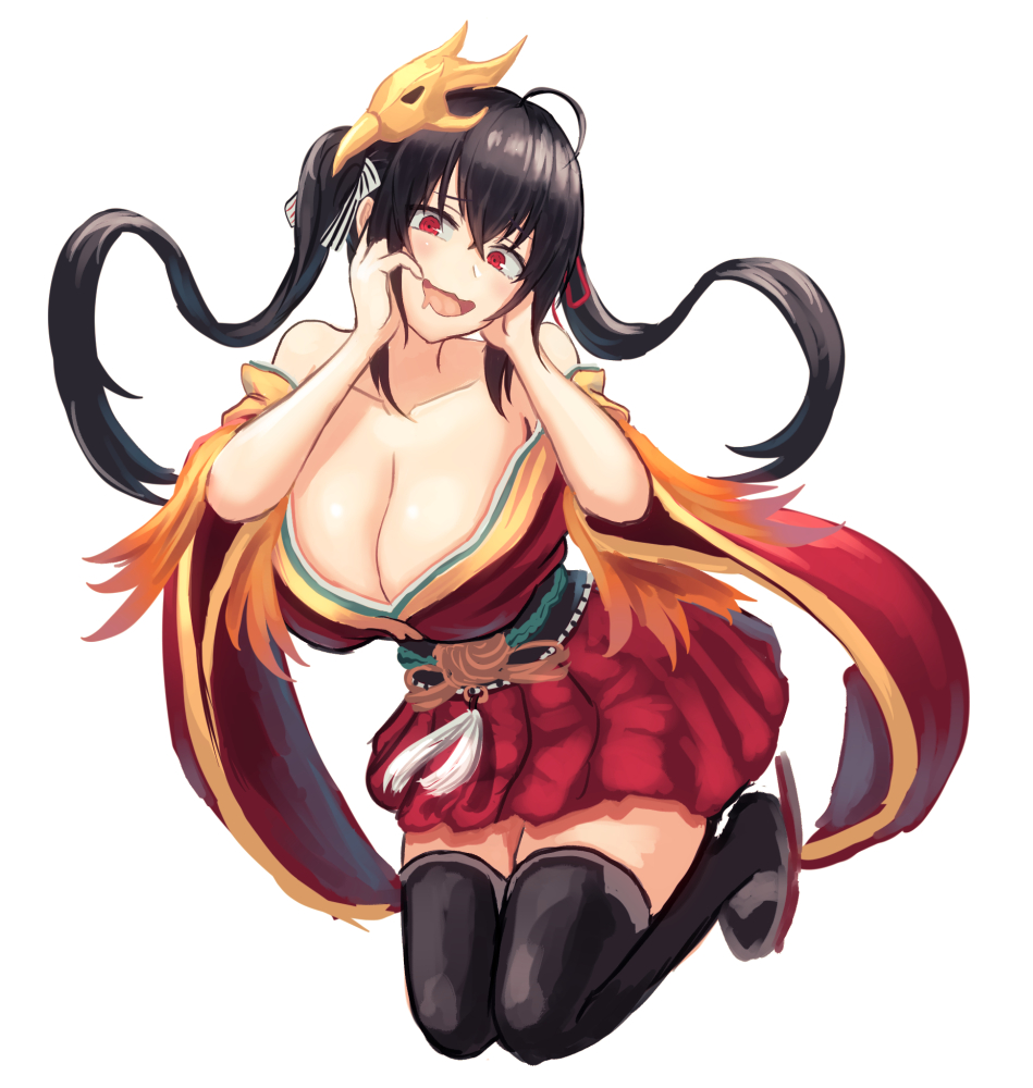 1girl :d ahoge azur_lane bangs bare_shoulders black_hair black_legwear breasts cleavage collarbone crossed_bangs full_body furrowed_eyebrows hair_between_eyes hair_ribbon hands_on_own_face hands_up japanese_clothes kimono large_breasts mask mask_on_head moppo obi off-shoulder_kimono open_mouth red_eyes red_kimono red_ribbon ribbon sash short_kimono simple_background smile solo striped striped_ribbon taihou_(azur_lane) thighhighs twintails white_background wide_sleeves zettai_ryouiki