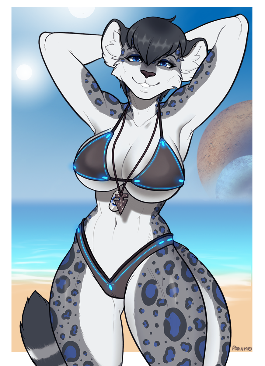anthro bikini breasts clothed clothing felid feline female hands_behind_head hi_res mammal porin smile solo standing swimwear thick_thighs wide_hips