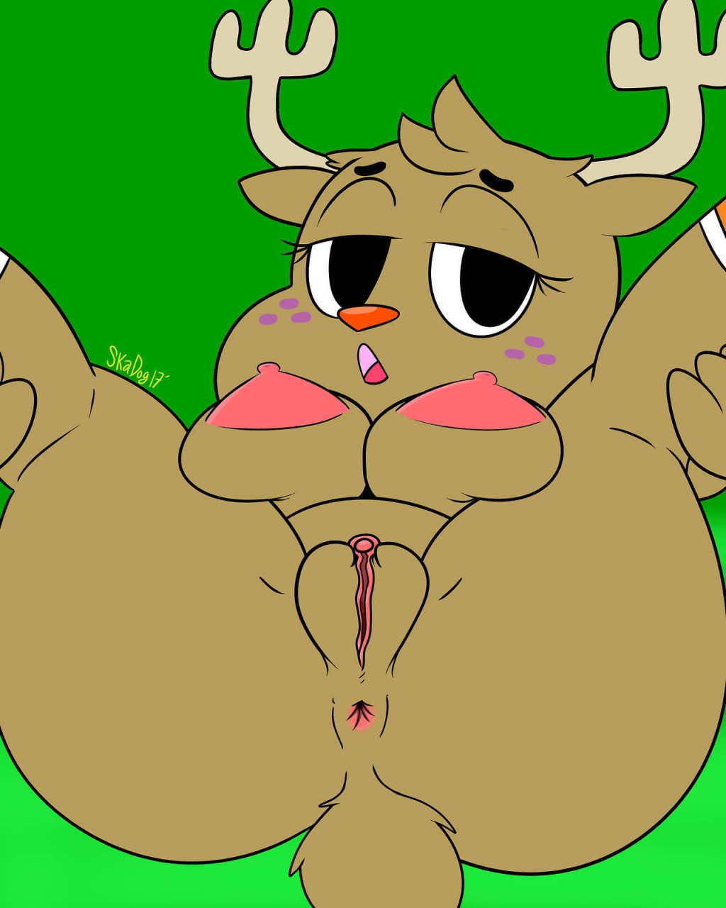 antlers anus butt cartoon_network cervid female fur green_background hi_res horn looking_at_viewer lying mammal nipples nude open_mouth penny_fitzgerald presenting presenting_pussy pussy simple_background skadog solo spreading the_amazing_world_of_gumball thick_thighs tongue wide_hips