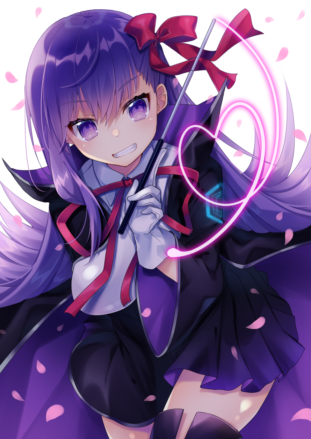 1girl bb_(fate)_(all) bb_(fate/extra_ccc) breasts eyebrows_visible_through_hair fate/extra fate/extra_ccc fate/grand_order fate_(series) gloves hair_ribbon highres holding holding_wand kusada_souta large_breasts long_hair long_sleeves looking_at_viewer purple_eyes purple_hair red_ribbon ribbon smile solo wand white_gloves