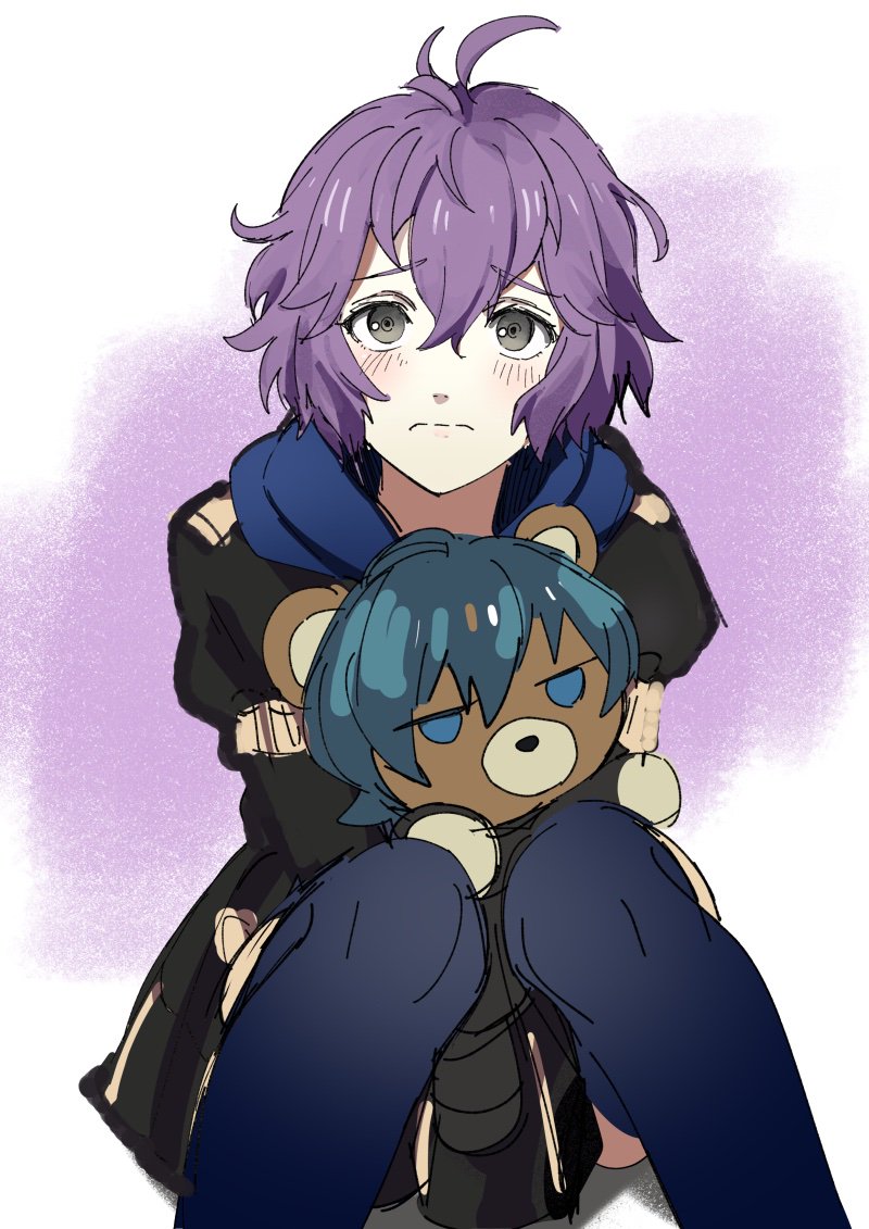 1girl ahoge bernadetta_von_varley blue_legwear blush byleth_(fire_emblem) byleth_(fire_emblem)_(male) cloak eyebrows_visible_through_hair fire_emblem fire_emblem:_three_houses grey_eyes hair_between_eyes hood hooded_cloak looking_at_viewer oragamura999 purple_background purple_hair short_hair simple_background sitting sketch skirt solo stuffed_animal stuffed_toy teddy_bear thighhighs two-tone_background white_background