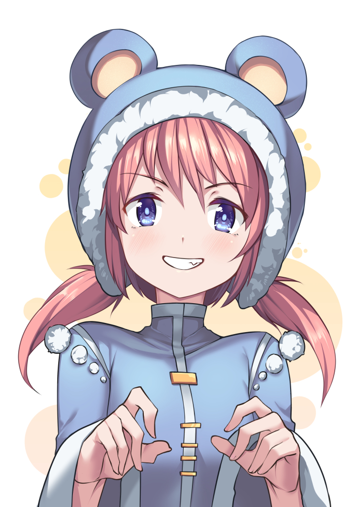 1girl :d animal_ears animal_hood bangs bear_ears bear_hood blue_eyes blue_jacket detached_hood eyebrows_visible_through_hair fake_animal_ears fang fur-trimmed_hood fur_trim grin hair_between_eyes hands_up hood hood_up jacket long_hair long_sleeves looking_at_viewer low_twintails nieve_(rabi_ribi) official_art open_mouth pom_pom_(clothes) rabi-ribi red_hair saiste simple_background smile solo twintails upper_body v-shaped_eyebrows wide_sleeves