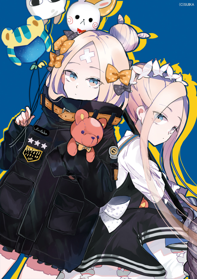 2girls abigail_williams_(fate/grand_order) artist_name balloon bangs black_bow black_dress black_jacket blonde_hair blue_background blue_eyes bow closed_mouth commentary_request crossed_bandaids dress dual_persona eyebrows_visible_through_hair fate/grand_order fate_(series) forehead fou_(fate/grand_order) hair_bow hair_bun heroic_spirit_festival_outfit heroic_spirit_traveling_outfit holding holding_balloon jacket long_hair long_sleeves looking_at_viewer medjed multiple_girls object_hug orange_bow outline parted_bangs polka_dot polka_dot_bow shirt sidelocks sleeves_past_fingers sleeves_past_wrists stuffed_animal stuffed_toy suika_(ruki0712) teddy_bear very_long_hair white_shirt yellow_outline