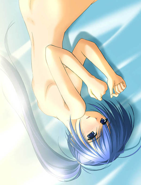 blue_eyes blue_hair covering covering_breasts hayase_mitsuki kimi_ga_nozomu_eien long_hair lying nude on_side ponytail solo takepon upside-down