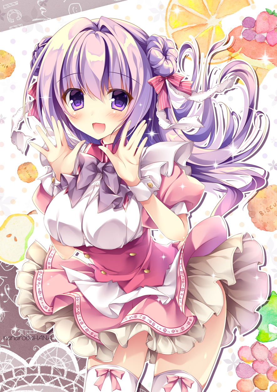 1girl alternate_costume artist_name biscuit blush breasts commentary_request double_bun dress enmaided eyebrows_visible_through_hair floating_hair food hair_between_eyes hair_ribbon highres layered_dress long_hair looking_at_viewer maid medium_breasts nanaroba_hana open_hands open_mouth original purple_eyes purple_hair ribbon short_sleeves solo thighhighs white_legwear wrist_cuffs