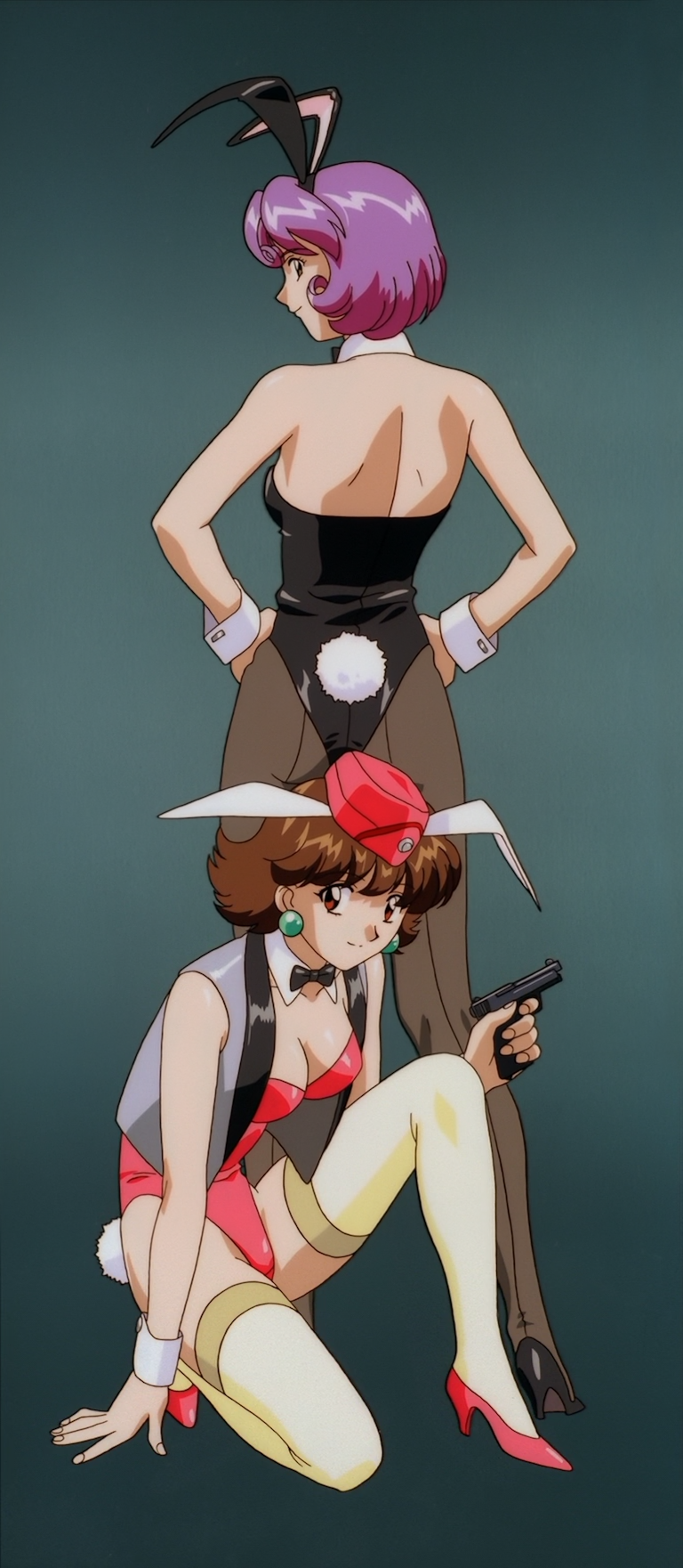 2girls 90s agent_aika aika_(series) alternate_costume animal_ears ass back bangs bare_shoulders black_delmo black_delmo_leader black_legwear black_leotard black_neckwear bow bowtie breasts brown_eyes brown_hair bunny_ears bunny_girl bunny_tail bunnysuit cleavage closed_mouth detached_collar earrings eyebrows_visible_through_hair fake_animal_ears garrison_cap grey_vest gun hair_ornament handgun hands_on_hips hat high_heels highleg highleg_leotard highres holding holding_gun holding_weapon jewelry legs leotard medium_breasts multiple_girls pantyhose pink_delmo pink_footwear pink_headwear pink_leotard pistol profile purple_hair screencap short_hair shoulder_blades simple_background smile squatting standing stitched strapless strapless_leotard suzie_(agent_aika) tail thighhighs thighs third-party_edit vest weapon white_legwear wrist_cuffs yamauchi_noriyasu