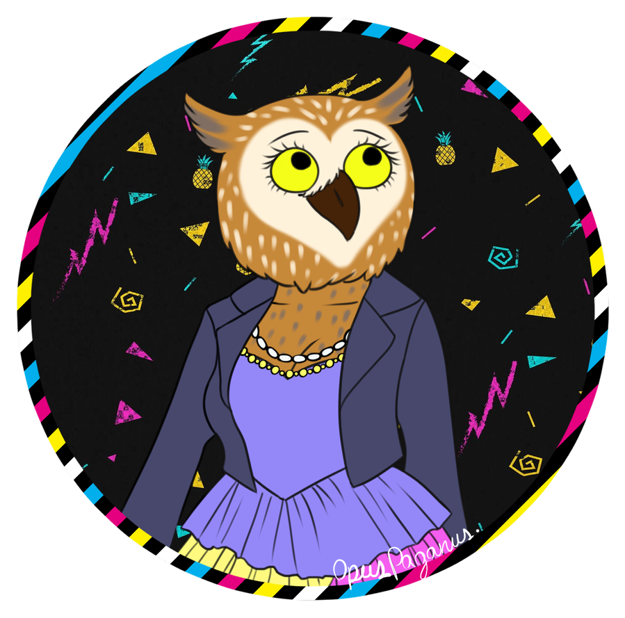 80's_theme abstract_background avian bird bojack_horseman breasts cleavage clothed clothing dress female jacket jewelry necklace opuspaganus owl solo topwear wanda_pierce