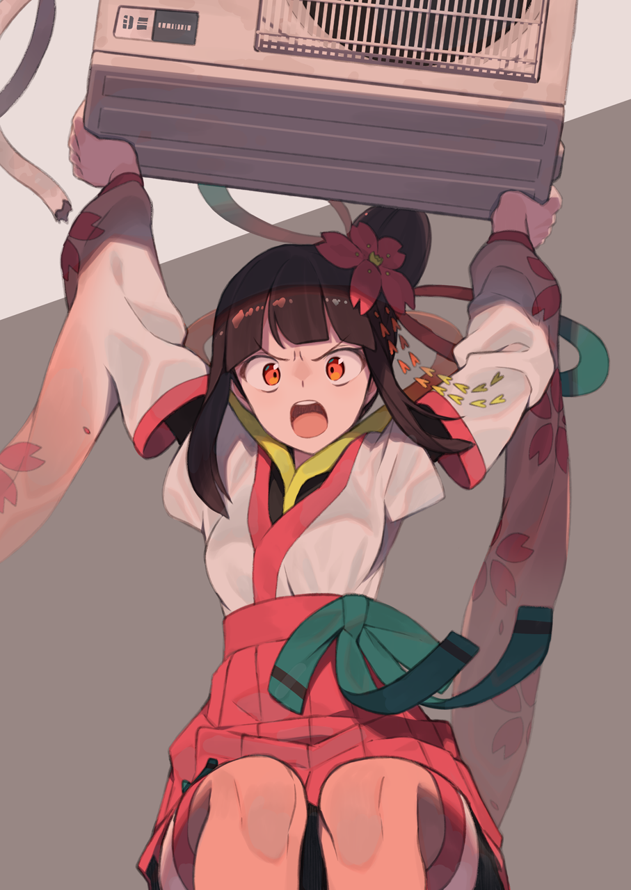 1girl air_conditioner angry arms_up bangs blunt_bangs breasts brown_background brown_hair commentary_request detached_sleeves eyebrows_visible_through_hair flower green_ribbon hair_bun hair_flower hair_ornament highres holding japanese_clothes kimono long_sleeves miniskirt open_mouth orange_eyes original pink_skirt pleated_skirt red_flower ribbon shiny shiny_hair short_hair short_over_long_sleeves short_sleeves sidelocks simple_background sitting skirt small_breasts solo teeth tied_hair tomioka_jirou two-tone_background white_kimono wide_sleeves