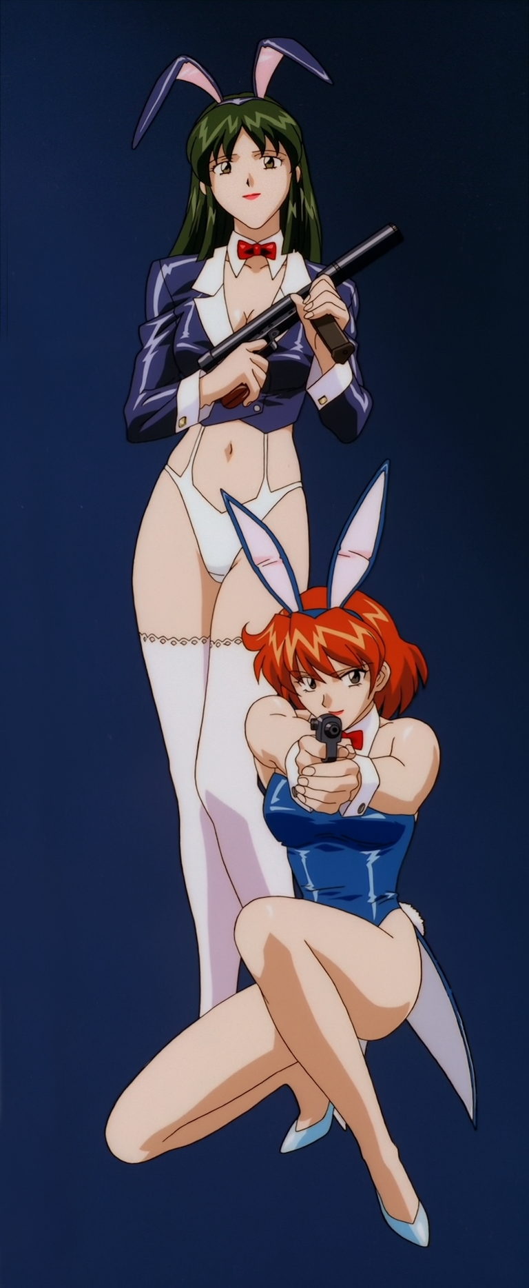 2girls 90s agent_aika aika_(series) aiming aiming_at_viewer alternate_costume animal_ears bangs bare_shoulders blue_delmo blue_delmo_leader blue_footwear blue_jacket blue_leotard bow bowtie breasts brown_eyes bunny_ears bunny_girl bunny_tail bunnysuit cleavage closed_mouth crotch_seam delmo_commander detached_collar eyebrows_visible_through_hair fake_animal_ears green_hair gun handgun hands_up high_heels highleg highleg_leotard highres holding holding_gun holding_weapon jacket legs leotard lipstick long_hair looking_at_viewer makeup medium_breasts multiple_girls navel parted_bangs pistol red_hair red_lips red_neckwear revealing_clothes rifle screencap short_hair simple_background smile squatting standing stitched strapless strapless_leotard tail thighhighs thighs third-party_edit vest weapon white_bikini_bottom white_delmo white_legwear wrist_cuffs yamauchi_noriyasu