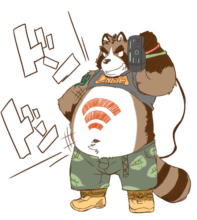 2019 anthro belly bottomwear brown_fur canid canine clothing fur humanoid_hands inuryu japanese_text male mammal navel overweight overweight_male raccoon_dog shirt shorts simple_background solo tanuki text topwear white_background