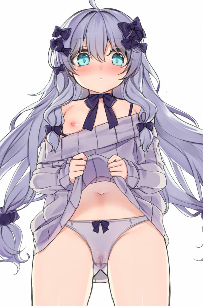 1girl :o ahoge bangs bare_shoulders black_bow blue_eyes blush bow bow_panties cameltoe commentary_request dress eyebrows_visible_through_hair flat_chest grey_hair grey_sweater hair_between_eyes hair_bow kuro_(kuronell) long_hair long_sleeves looking_at_viewer navel nipples nose_blush off-shoulder_sweater off_shoulder panties parted_lips sleeves_past_wrists solo soul_worker stella_unibell sweater sweater_dress underwear very_long_hair white_panties
