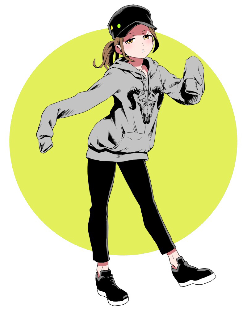 1girl black_footwear black_headwear black_pants blush brown_eyes brown_hair drawstring full_body grey_hoodie hood hood_down hoodie long_sleeves looking_at_viewer original pants ponytail shoes sidelocks sleeves_past_fingers sleeves_past_wrists solo standing two-tone_background ume_(yume_uta_da)