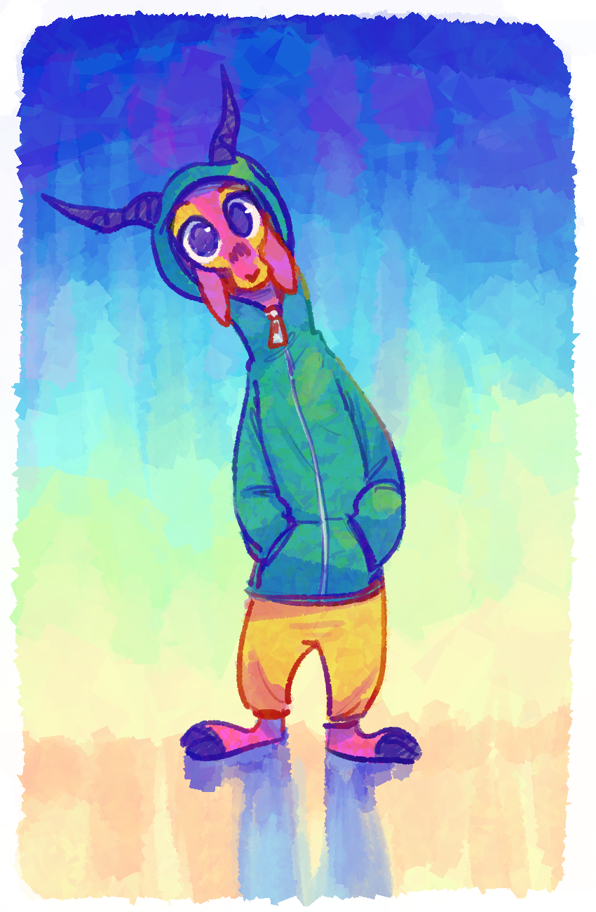 2019 ambiguous_gender antelope anthro barefoot blue_background border bottomwear bovid clothed clothing facial_markings fuel_(artist) fuel_(character) gazelle gradient_background hands_in_pockets head_markings head_tilt hi_res hoodie horn looking_at_viewer mammal markings pants pockets simple_background solo standing topwear white_border yellow_background