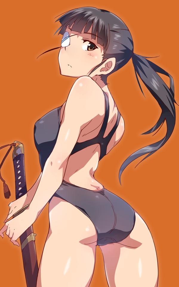 1girl ass black_hair black_swimsuit commentary_request competition_swimsuit cowboy_shot em expressionless from_behind katana looking_at_viewer looking_back one-piece_swimsuit orange_background orange_eyes ponytail print_eyepatch sakamoto_mio solo standing strike_witches swimsuit sword weapon white_eyepatch world_witches_series