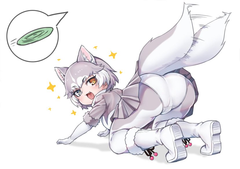 +_+ 1girl :d all_fours animal_ear_fluff animal_ears ass blue_eyes boots commentary dog_(mixed_breed)_(kemono_friends) dog_ears dog_tail elbow_gloves extra_ears eyebrows_visible_through_hair fang frisbee fur-trimmed_hat gloves grey_hair heterochromia kemono_friends looking_at_viewer looking_back multicolored_hair nyifu open_mouth orange_eyes panties pantyhose short_hair simple_background skirt smile solo sparkle spoken_object tail tail_wagging two-tone_hair underwear white_background white_footwear white_gloves white_hair white_panties