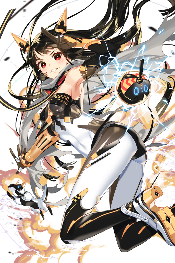 1girl black_gloves black_hair breasts electricity empew gloves grey_scarf index_finger_raised long_hair red_eyes scarf simple_background small_breasts soccer_spirits solo very_long_hair white_background