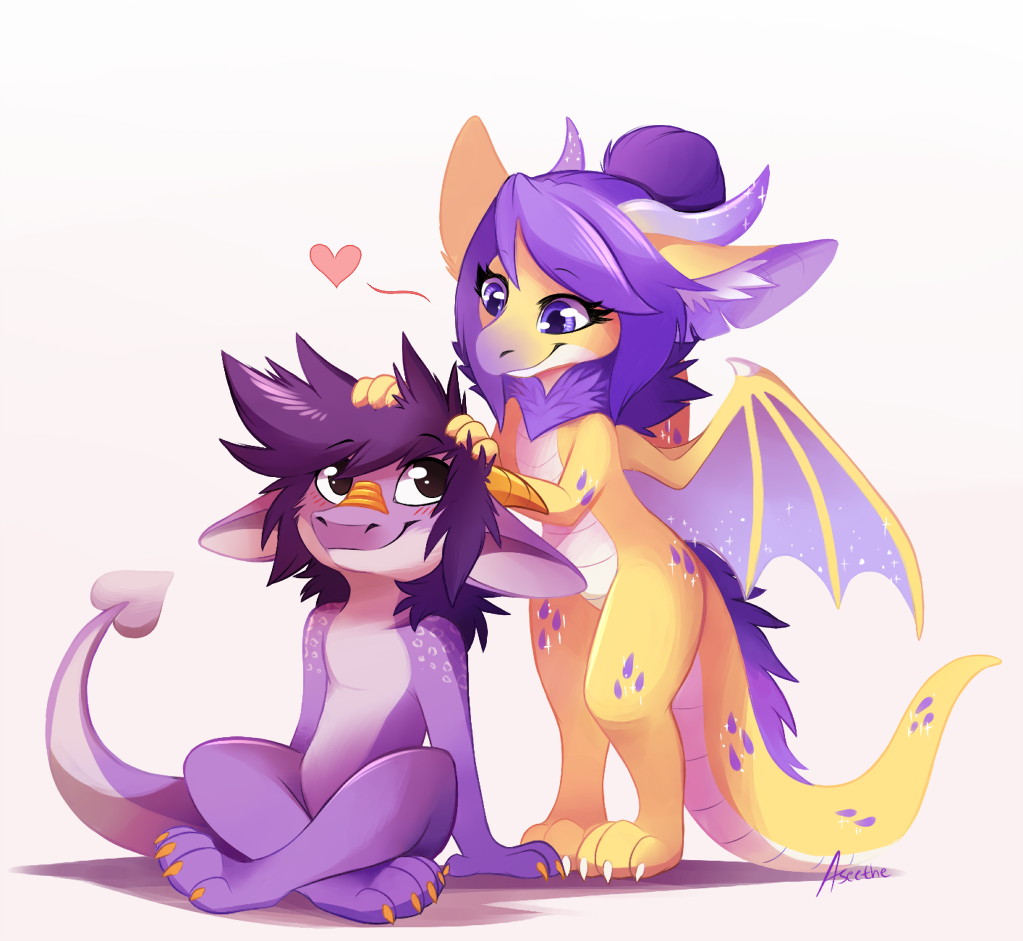 &lt;3 2019 4_toes anthro aseethe digital_media_(artwork) dragon duo female feral fur furred_dragon horn male membrane_(anatomy) membranous_wings nude purple_eyes simple_background smile toes white_background wingless_dragon wings