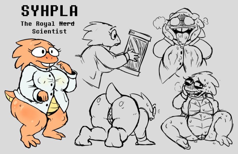ahegao all_fours alphys alternate_universe anthro areola belly big_butt blush bodily_fluids bottomless breasts breath buckteeth butt chubby_female clothed clothing digital_media_(artwork) drooling eyewear female glasses lab_coat lizard looking_pleasured model_sheet nervous nipple_outline non-mammal_breasts open_mouth open_smile pussy reptile saliva scalie slightly_chubby smile solo sweat sweatdrop teeth thewill thick_thighs tight_clothing tongue tongue_out under(her)tail undertale video_games