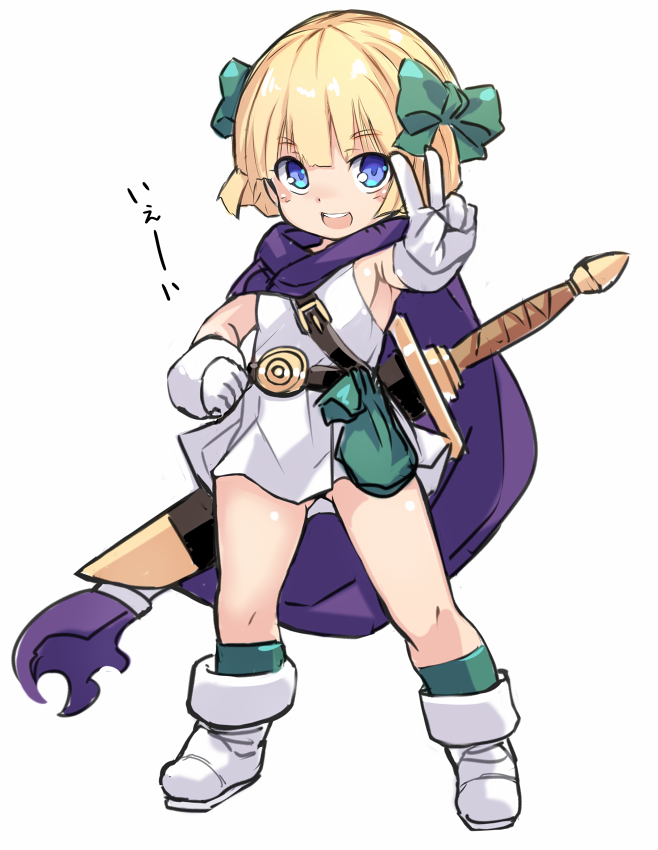 1girl :d ass_visible_through_thighs bangs bianca's_daughter blonde_hair blue_eyes blush boots bow cape dragon_quest dragon_quest_v dress eyebrows_visible_through_hair full_body gloves green_bow green_legwear hair_bow karukan_(monjya) kneehighs open_mouth outstretched_arm purple_cape short_dress short_hair simple_background sleeveless sleeveless_dress smile solo standing sword sword_behind_back translation_request v weapon weapon_on_back white_background white_dress white_footwear white_gloves