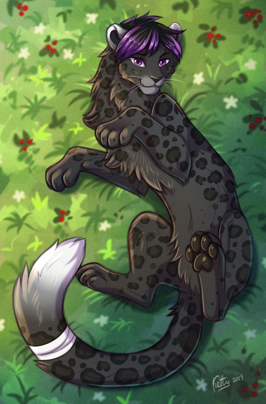 2019 4_fingers black_fur black_nose black_pawpads detailed_background digital_media_(artwork) felid feral fingers fur grass hair hi_res ketty-leopardess leopard lying mammal melanistic on_back pantherine pawpads purple_eyes purple_hair smile solo spots spotted_fur whiskers