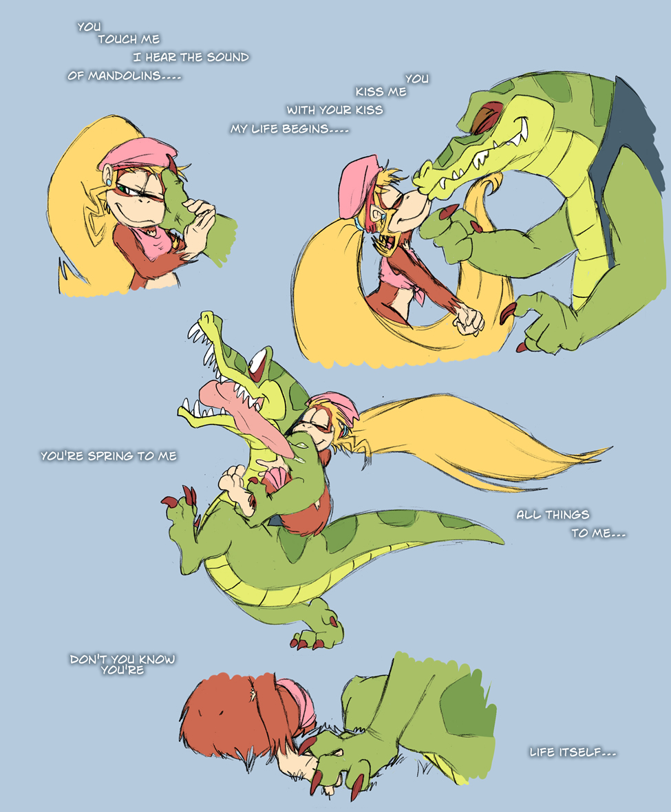 alligator alligatorid ape blonde_hair claws crocodile crocodilian crocodylid diddy_kong_racing dixie_kong donkey_kong_(series) fangs green_eyes hair haplorhine kong kremling kritter krunch_the_kremling long_hair mammal monkey nintendo nintendo_64 nintendo_ds nintendo_ds_family primate rareware reptile rocker scalie shesamonkey video_games