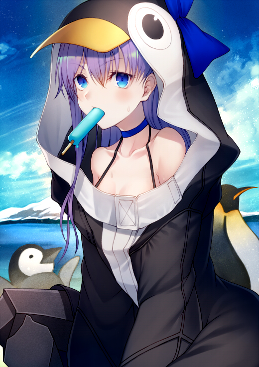 1girl animal_hood bangs banned_artist bare_shoulders bird black_jacket blue_bow blue_choker blue_sky blush bow breasts choker closed_mouth collarbone eating fate/grand_order fate_(series) food hair_between_eyes hood hood_up jacket kyoeiki long_hair long_sleeves looking_at_viewer meltryllis meltryllis_(swimsuit_lancer)_(fate) mouth_hold penguin penguin_hood popsicle purple_hair sitting sky small_breasts solo very_long_hair