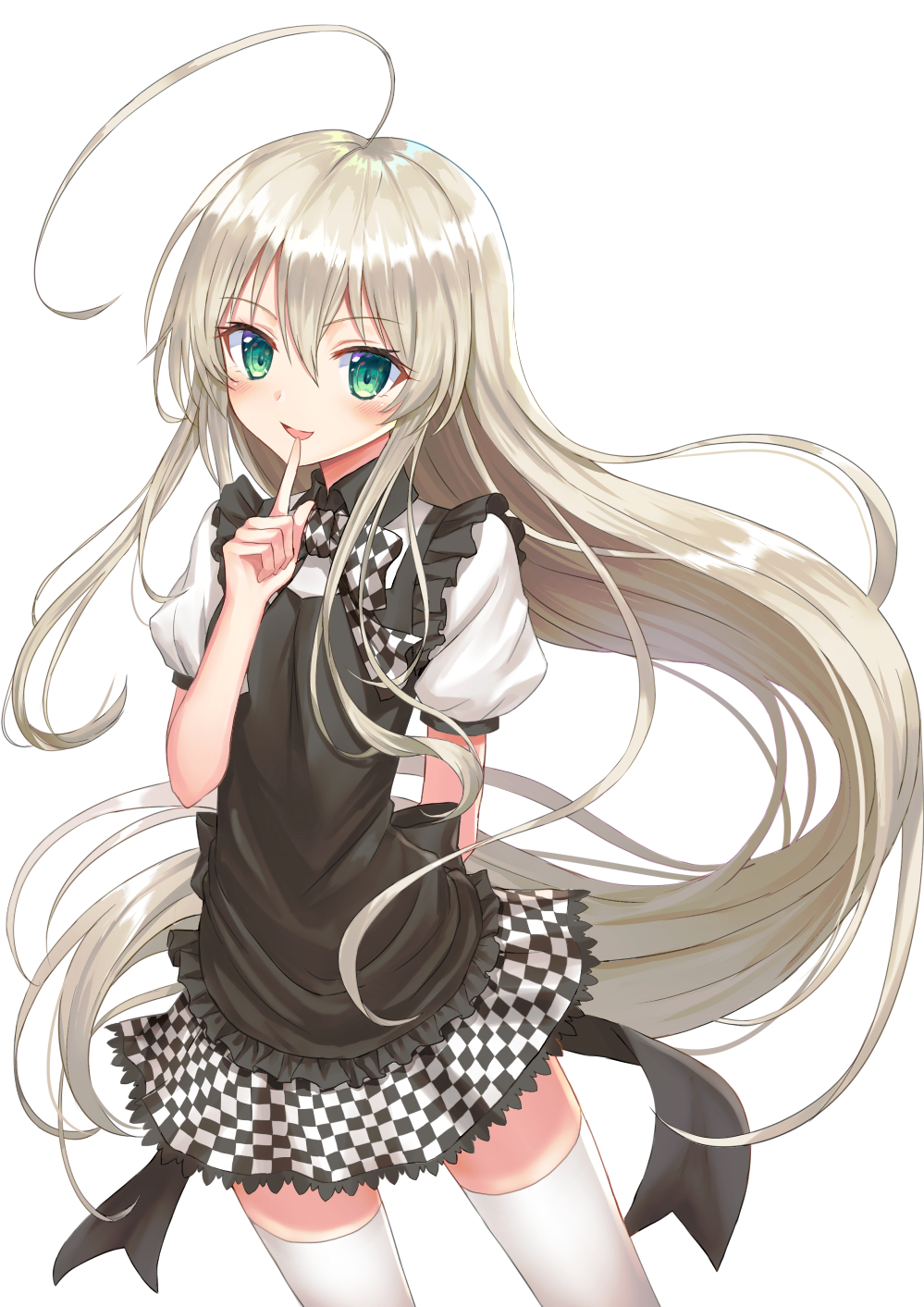 1girl ahoge apron bangs black_apron blush bow checkered checkered_bow checkered_skirt collared_shirt commentary_request eyebrows_visible_through_hair frilled_apron frills green_eyes hair_between_eyes haiyore!_nyaruko-san hand_up highres index_finger_raised long_hair looking_at_viewer nyarlathotep_(nyaruko-san) parted_lips puffy_sleeves seungju_lee shirt sidelocks silver_hair simple_background skirt smile solo sweat thighhighs very_long_hair white_background white_legwear white_shirt