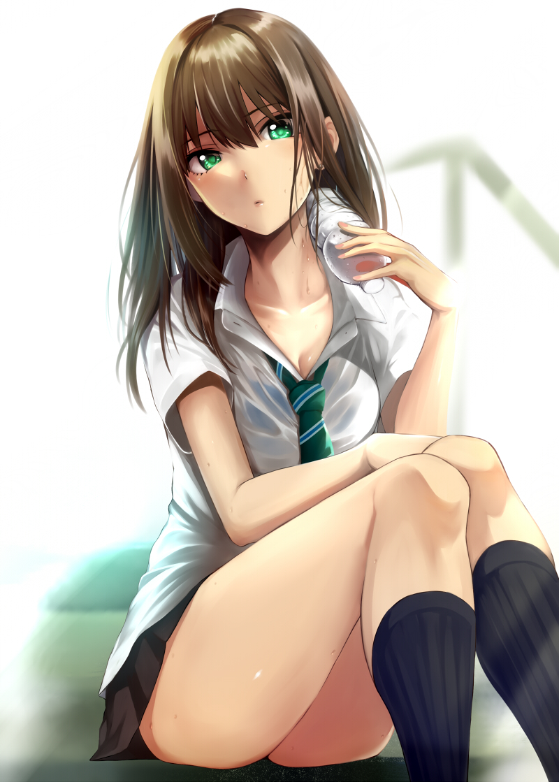 1girl bangs black_skirt blush bottle breasts brown_hair collared_shirt green_eyes green_neckwear hair_between_eyes idolmaster idolmaster_cinderella_girls kneehighs knees_up long_hair looking_at_viewer medium_breasts necktie open_mouth parted_lips pleated_skirt school_uniform shibuya_rin shirt short_sleeves simon_(n.s_craft) sitting skirt solo thighs water_bottle white_background white_shirt