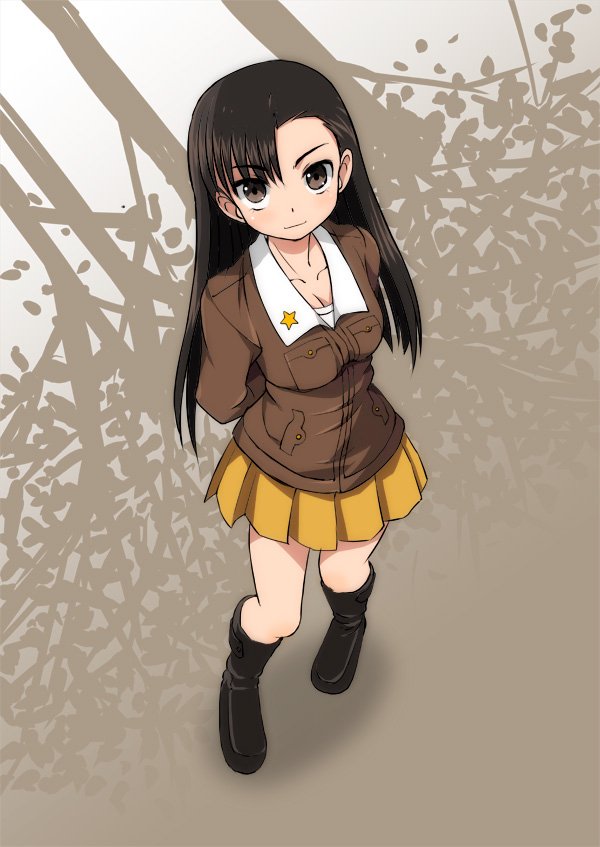 1girl arms_behind_back asymmetrical_bangs bangs black_footwear boots brown_eyes brown_hair brown_jacket chi-hatan_military_uniform closed_mouth commentary eyebrows_visible_through_hair from_above full_body girls_und_panzer gofu jacket knee_boots long_hair long_sleeves looking_at_viewer looking_up military military_uniform miniskirt nishi_kinuyo pleated_skirt skirt smile solo standing uniform yellow_skirt