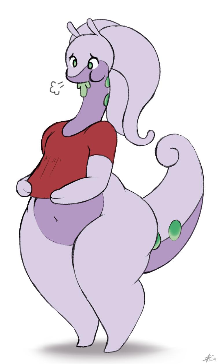 2019 2_fingers ambiguous_gender antennae_(anatomy) anthro belly big_belly bottomless clothed clothing curled_tail digitalpelican dragon fingers goodra green_eyes hi_res long_neck looking_down navel nintendo overweight pok&eacute;mon pok&eacute;mon_(species) shirt sigh slime solo standing thick_tail thick_thighs topwear video_games wide_hips