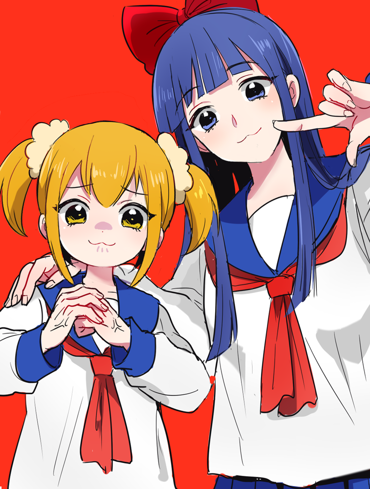 2girls 50yen blonde_hair blue_eyes blue_hair blush bow closed_mouth hand_on_another's_shoulder long_hair medium_hair multiple_girls poptepipic red_background red_bow school_uniform scrunchie simple_background twintails upper_body veins veiny_hands yellow_eyes yellow_sclera