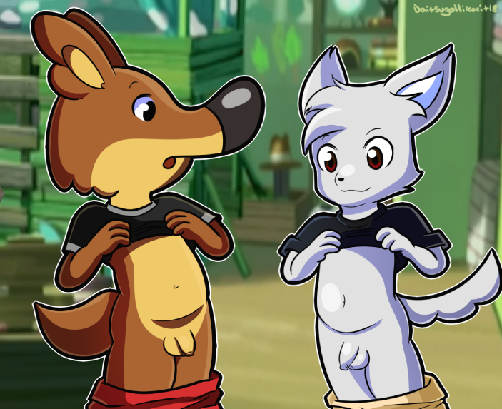 anthro balls canid canine canis clothed clothing clothing_lift cub daitsugohikari duo flaccid male male/male mammal max_cooper mini_wolf mini_wolf_(character) pants_down partially_clothed penis shirt shirt_lift show_me_yours topwear wolf young