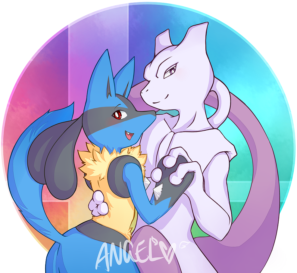 2019 ambiguous/ambiguous ambiguous_gender anthro canid canine creambake duo felid feline legendary_pok&eacute;mon looking_at_viewer lucario mammal mewtwo nintendo pok&eacute;mon pok&eacute;mon_(species) smile video_games