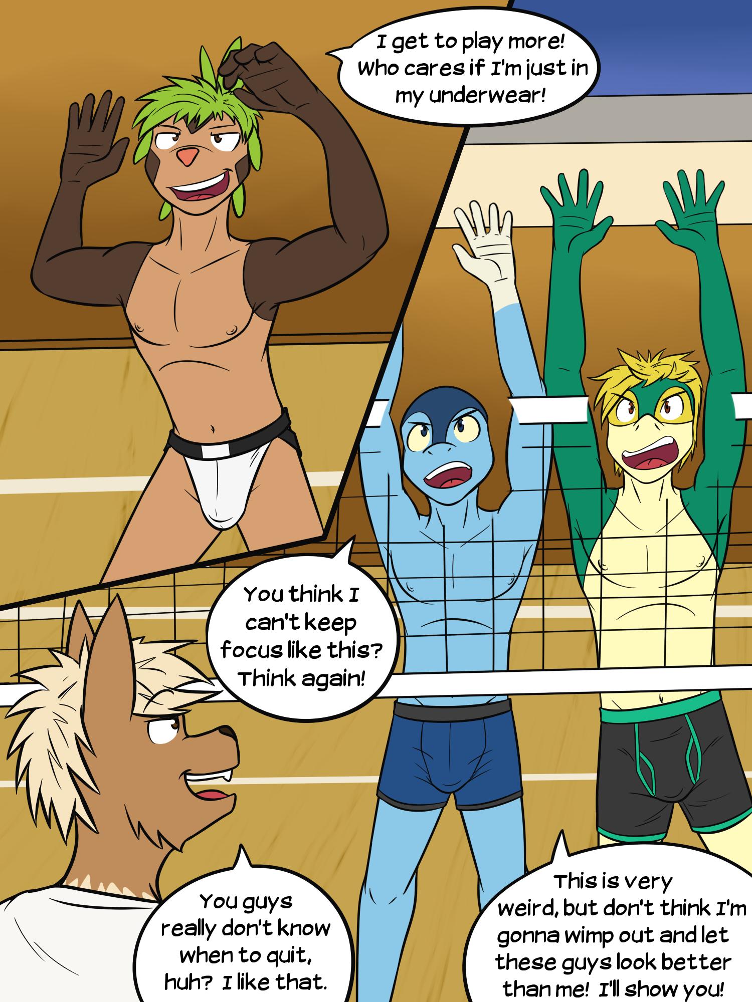 anthro anthrofied boxer_briefs chespin clothed clothing comic eevee froakie fuze jockstrap male navel nintendo nipples pok&eacute;mon pok&eacute;mon_(species) snivy sport topless underwear video_games volleyball
