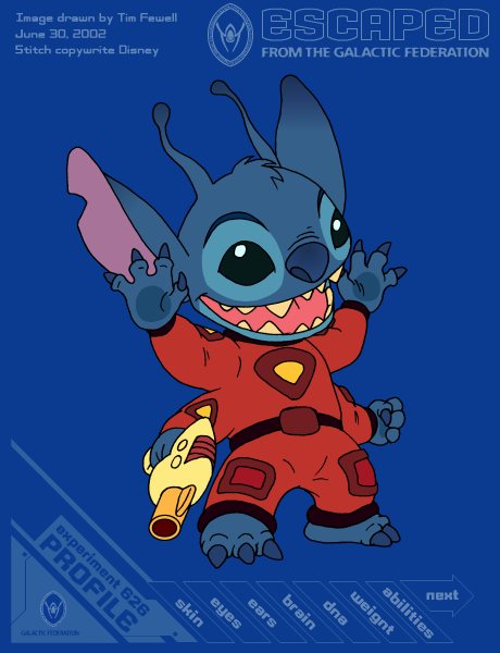 2002 4_arms 4_fingers alien antennae_(anatomy) black_eyes blue_background blue_fur blue_nose claws clothed clothing dipstick_antennae disney english_text experiment_(lilo_and_stitch) fingers fur head_tuft holding_object holding_weapon lilo_and_stitch multi_arm multi_limb multicolored_antennae notched_ear open_mouth open_smile plasma_blaster plasma_gun raised_arm ranged_weapon simple_background smile solo spacesuit standing stitch_(lilo_and_stitch) text timothius toe_claws weapon